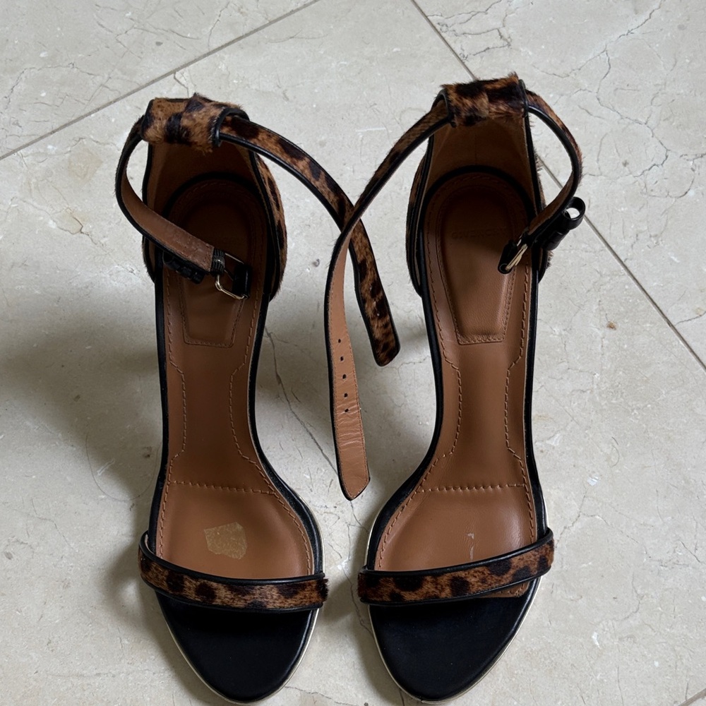 Leopard Print Ankle Strap Heeled Sandals - Women